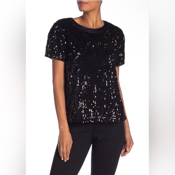 Laundry by Shelli Segal Sequin Black Short Sleeve Top- Size Small- NWT - Picture 1 of 7